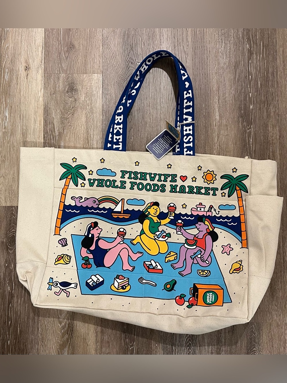 Whole Foods Market x Fishwife Beige Canvas Tote with Multicolor Beach Print